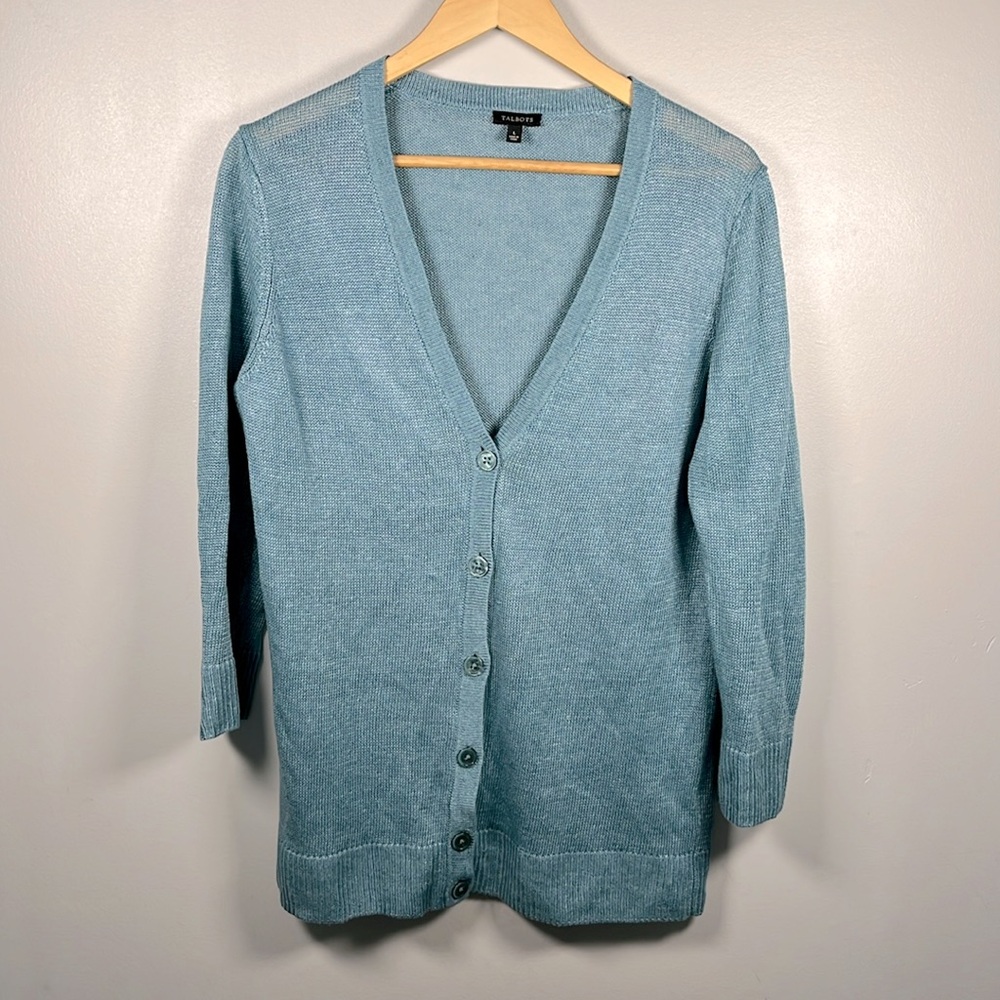 Talbots 100% Linen Cardigan Womens Large Blue Button Front Lightweight Sweater
